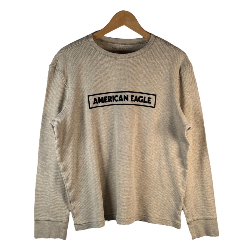 American‎ Eagle Men's L Beige Cotton Thermal Long Sleeve Crewneck Minimalist